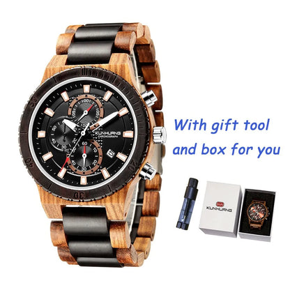 Men's quartz wooden watch with natural bamboo strap, stylish design, high-precision movement, gift tool and box included.