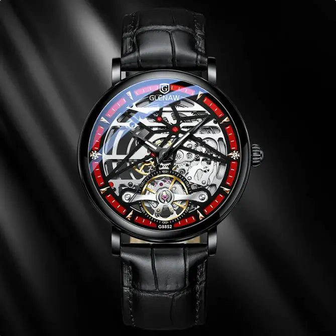 Elegant Glenn Genuine automatic hollow mechanical watch with intricate skeleton design and black leather strap.