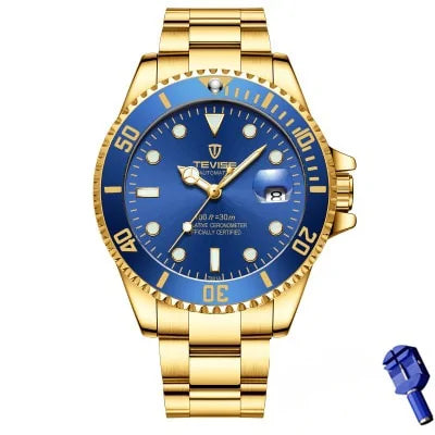 Luxury men's quartz watch with gold stainless steel strap and blue dial.