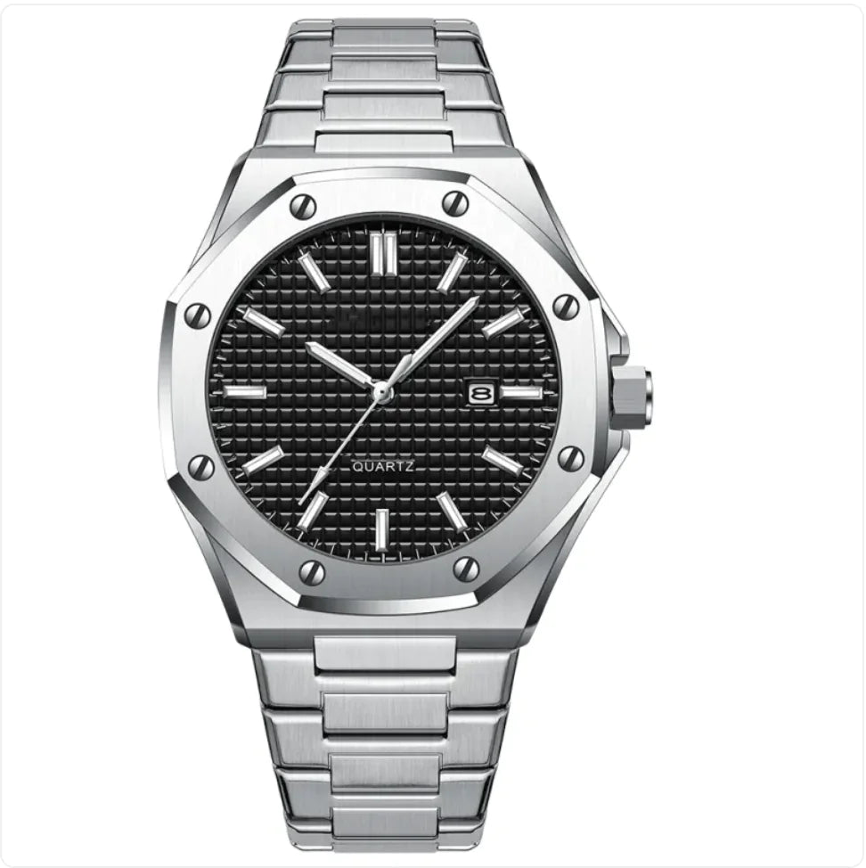 Men's stainless steel automatic watch with black circular dial, analog display, and durable strap.