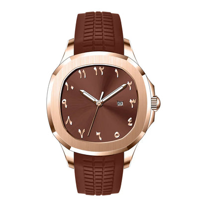 Arabic Sports Watch with brown silicone band, featuring easy-to-read Arabic numerals and gold-tone case.