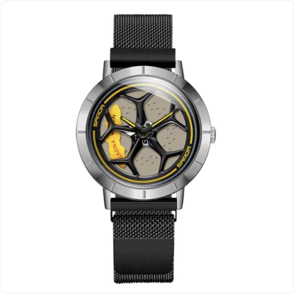 Sanda Spinning Wheel Quartz Watch with metal case and black strap.