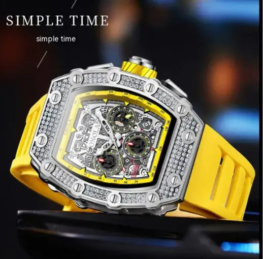 Luxury ONOLA mens watch with stainless steel case, yellow strap, and multifunctional dial.