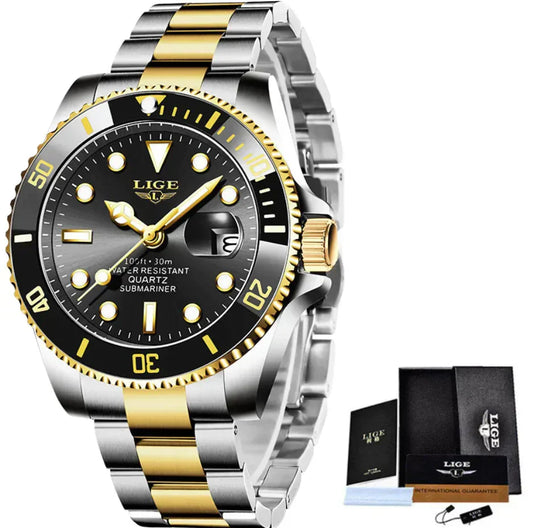 Men's quartz waterproof watch with black and gold stainless steel strap, mineral glass mirror, and classic design.