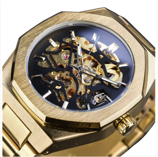 Men's automatic mechanical watch with skeleton dial and stainless steel case.