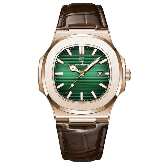 Men's waterproof luminous quartz watch with alloy case and leather strap, green dial.