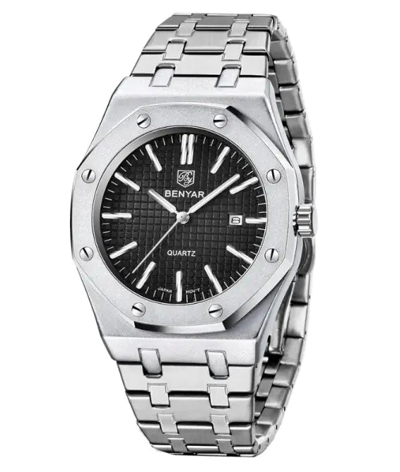 Silver BENYAR waterproof quartz watch with black dial and stainless steel strap.